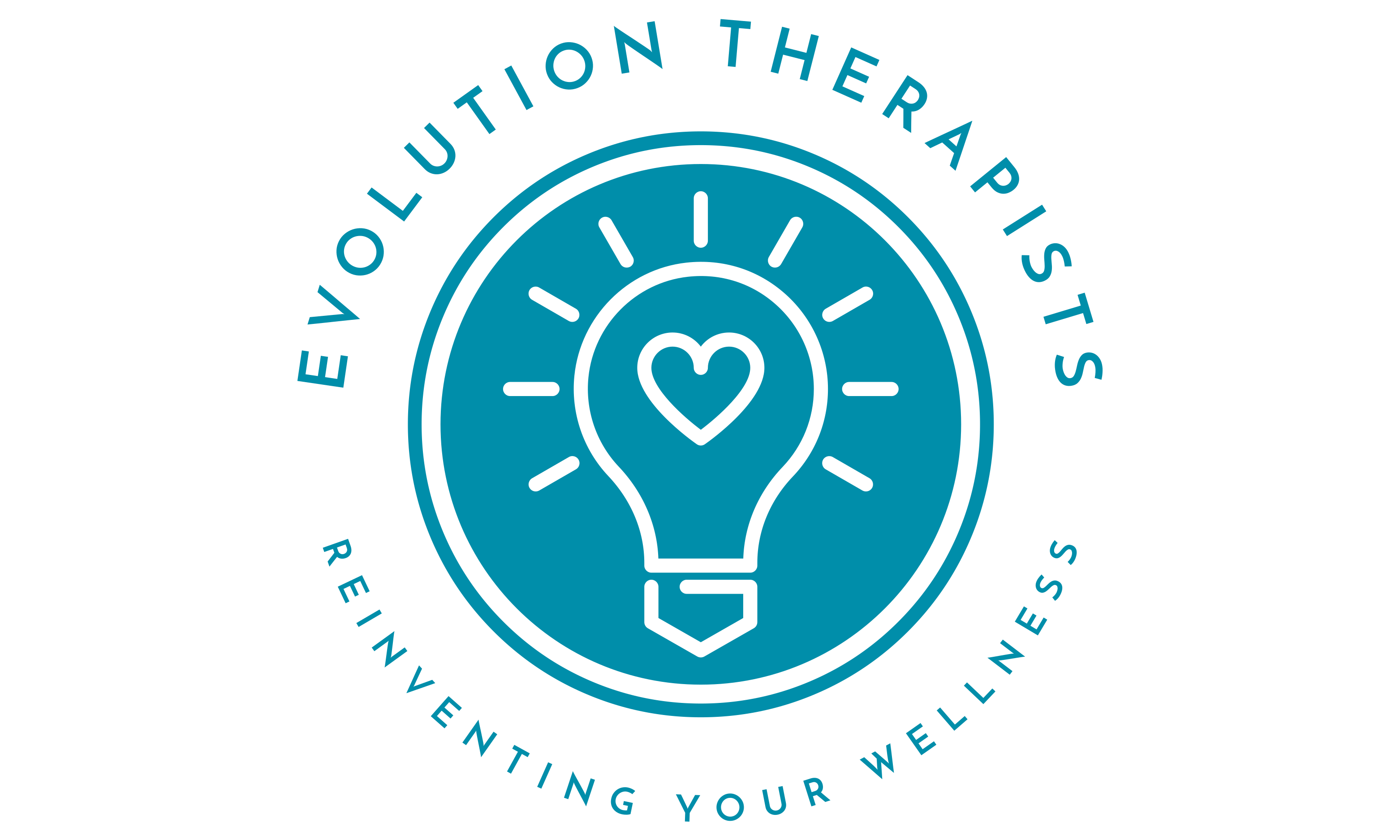 Logo with a lightbulb and heart inside, surrounded by text 'Evolution Therapists' and 'Reinventing Your Wellness'.