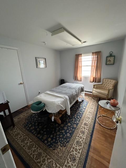 Room with bed, window with curtains, armchair, and side table, carpet on wooden floor, ceiling light fixture, and wall decorations.