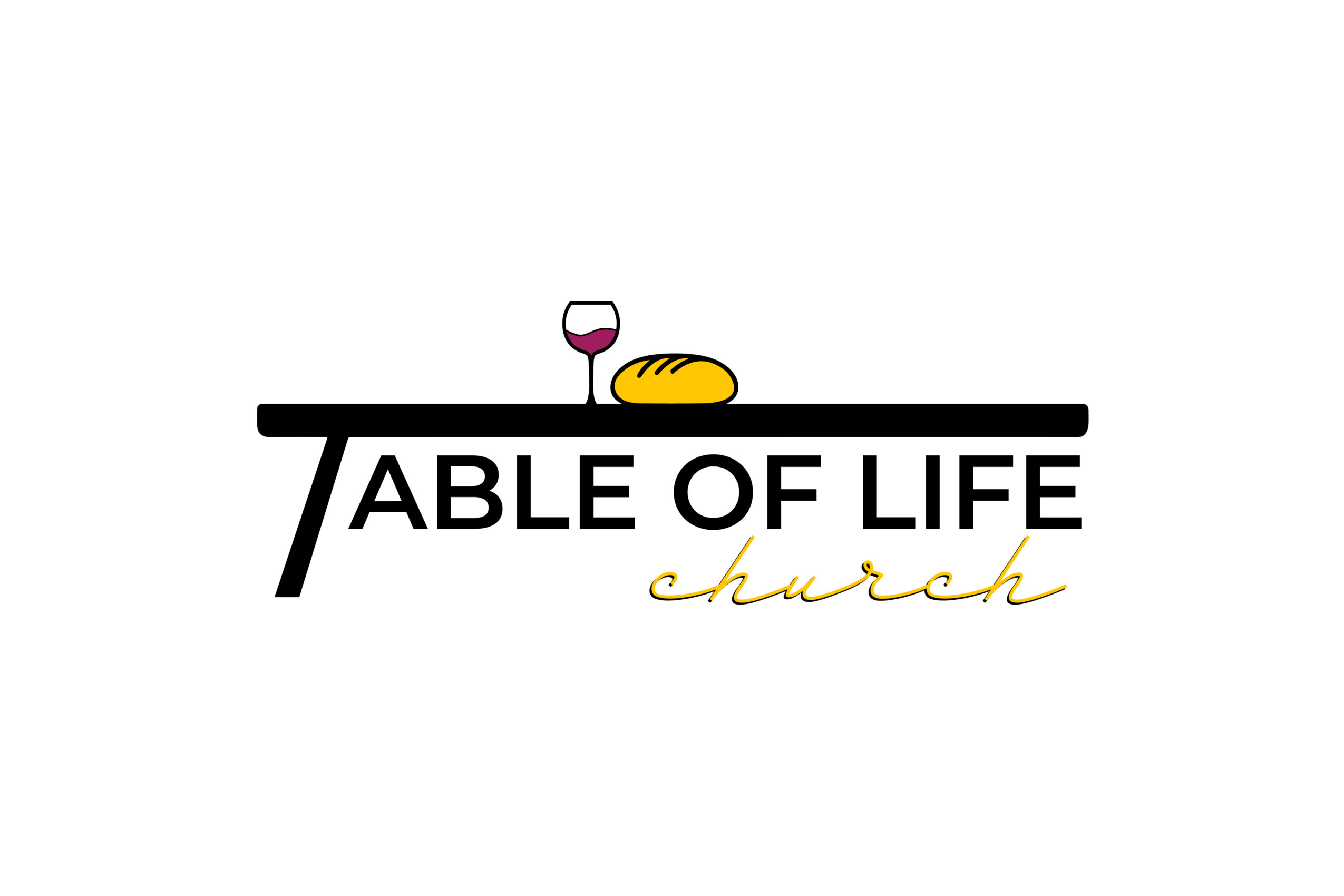 A wine glass, bread, and a black shelf with text reading 'TABLE OF LIFE church'.