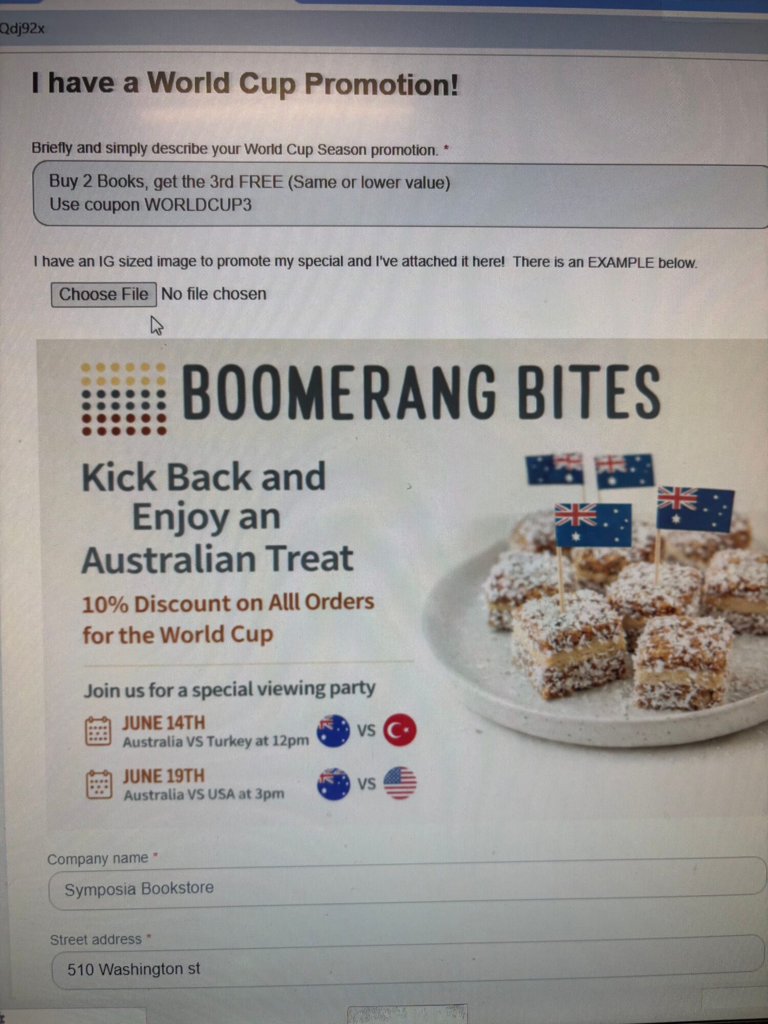 Promotional flyer for Boomerang Bites offering Australian treats and discounts for the World Cup, with flags and a bowl of snacks.