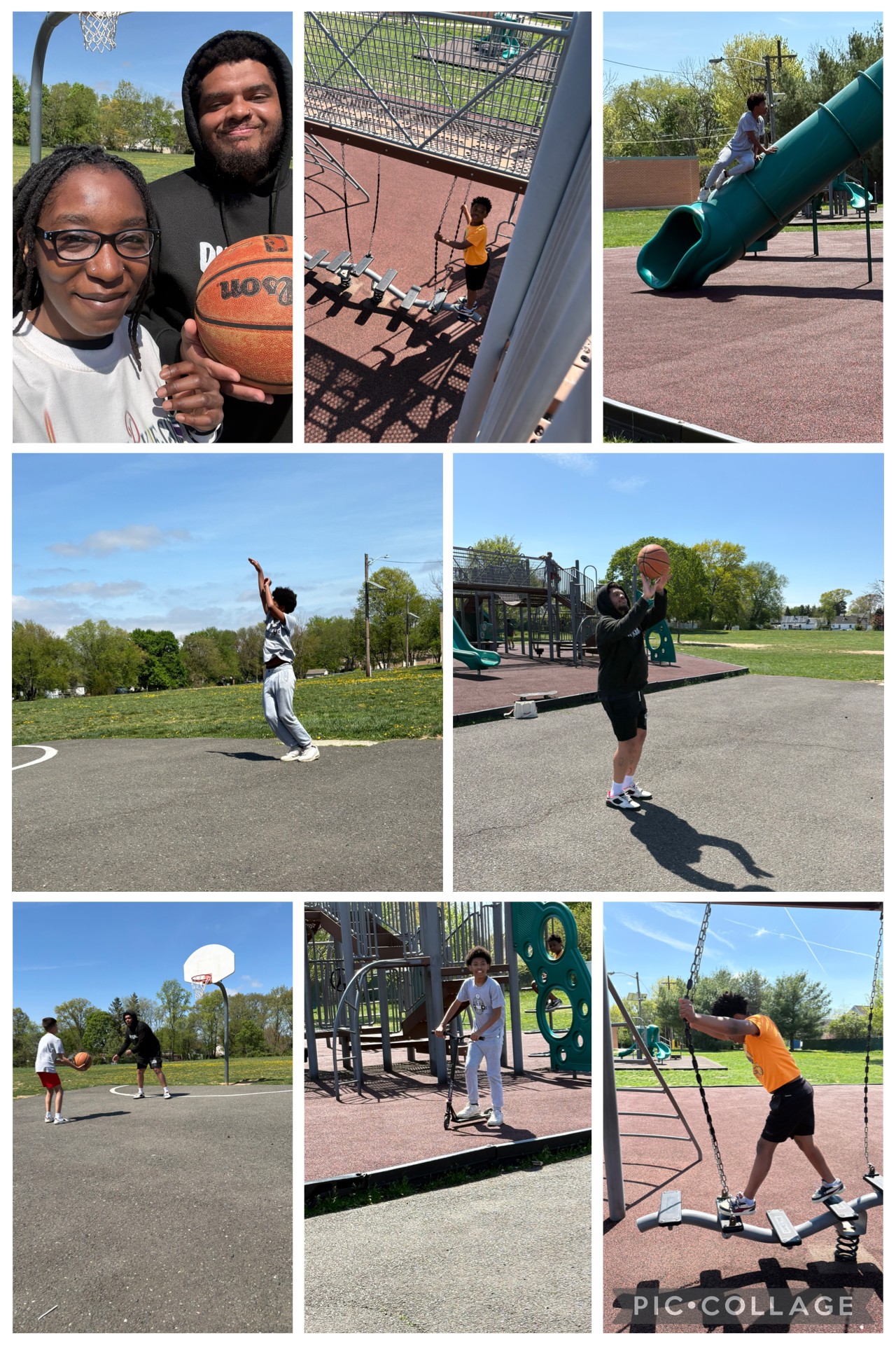 People playing basketball, tennis, and on playground equipment outdoors on sunny day.