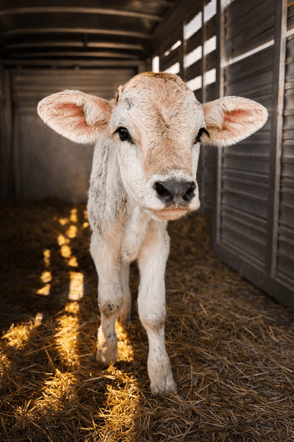 Young calf standing inside a barn with wooden walls and straw on the ground.