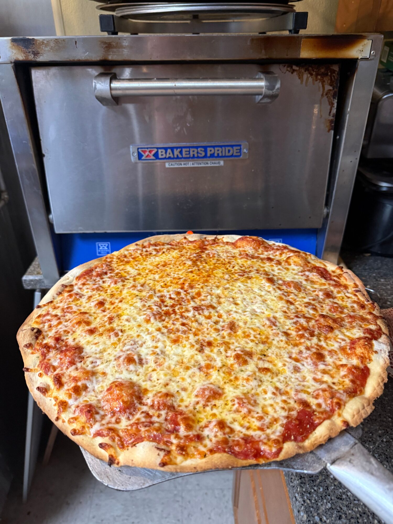 Large cheese pizza with melted cheese and crust in front of a stainless steel oven.