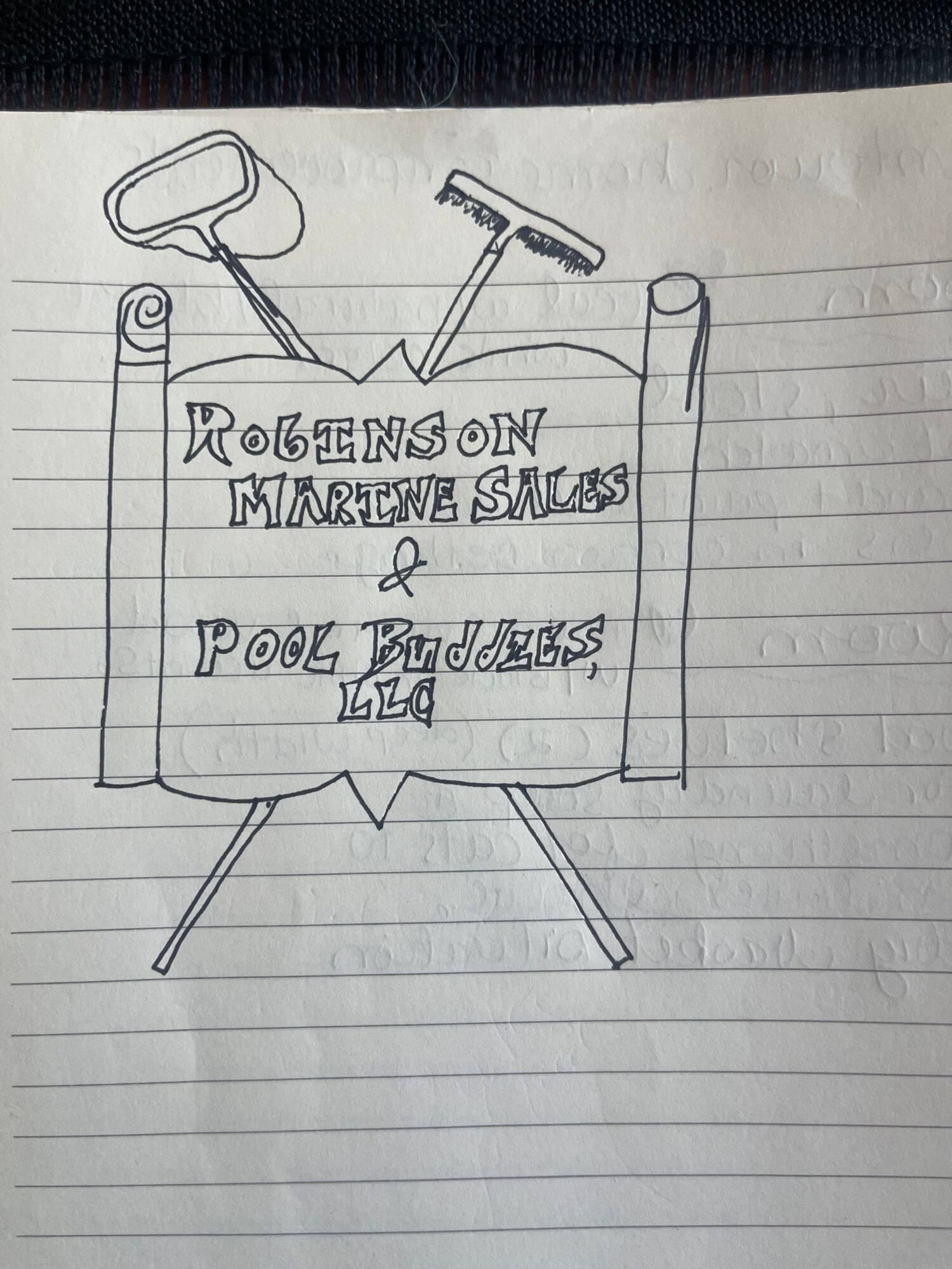 Hand-drawn sign with text, surrounded by tools, on lined paper background.