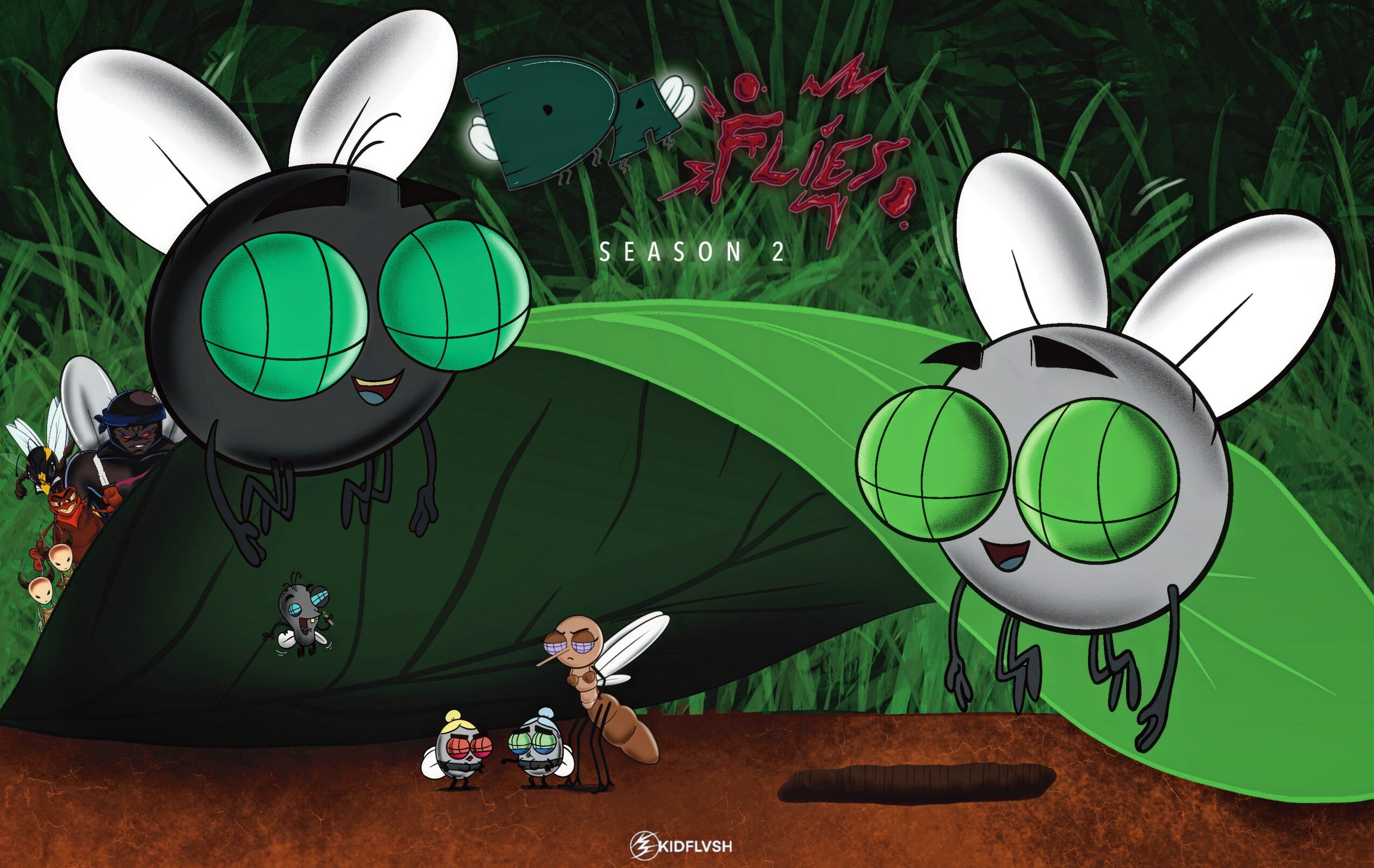Two large cartoon bunny characters with green glasses and big ears in a forest setting, surrounded by smaller characters and plants.