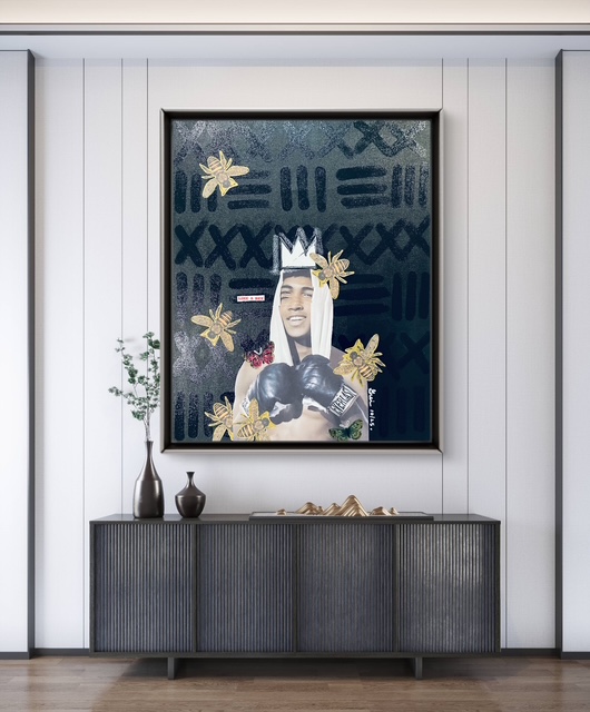 Framed portrait of a woman with flowers, displayed on a white wall above a black sideboard with decorative vases.