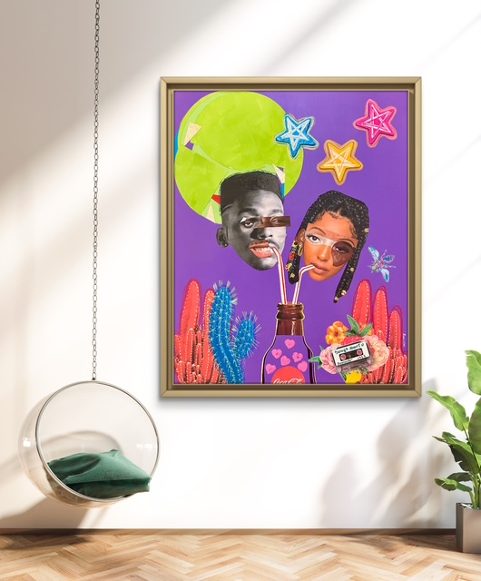 Colorful artwork with two faces, stars, and plants in a frame on a wall, with a hanging chair and a plant nearby.