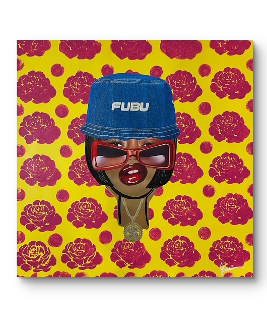 A stylized figure with sunglasses, a blue cap, and a necklace, set against a yellow background with pink floral patterns.