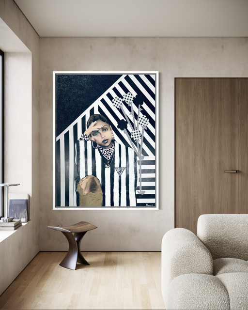 Framed artwork of a person with glasses and a dog, with black and white striped background, hanging on a wall.