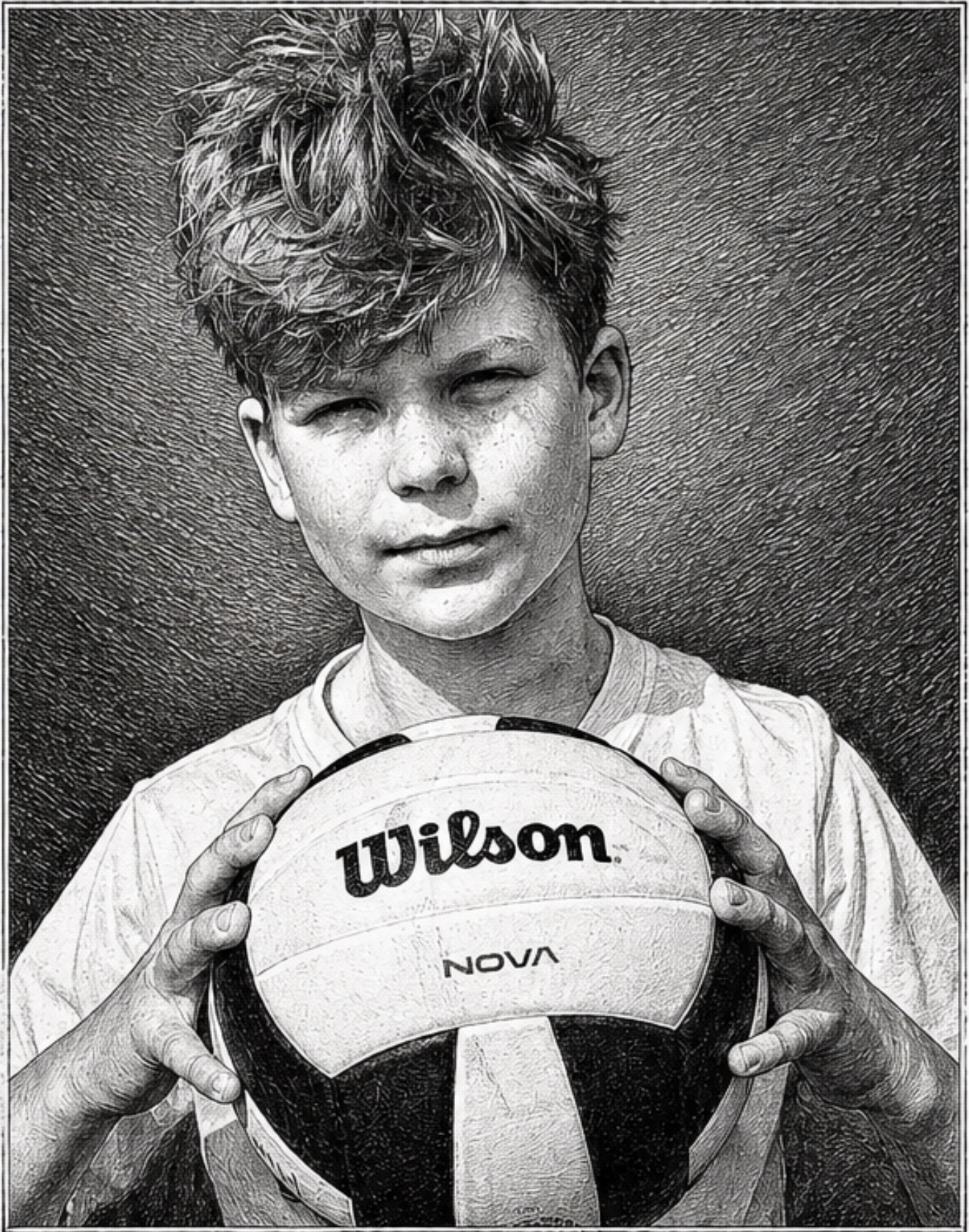 Young boy holding a Wilson volleyball, looking at the camera, with a neutral background.