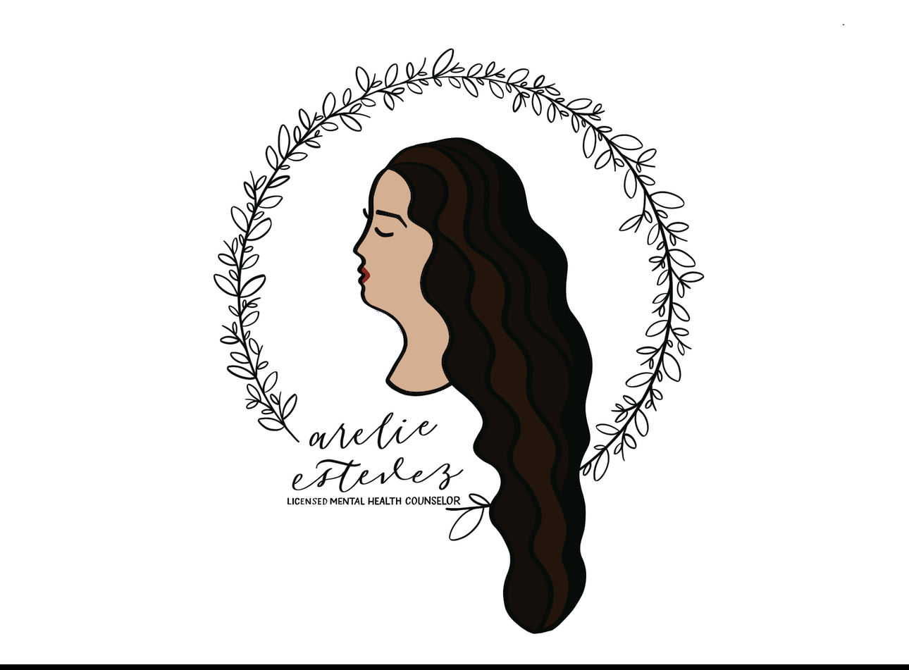Profile of a woman with long wavy hair, surrounded by a decorative leafy circle, with text below.