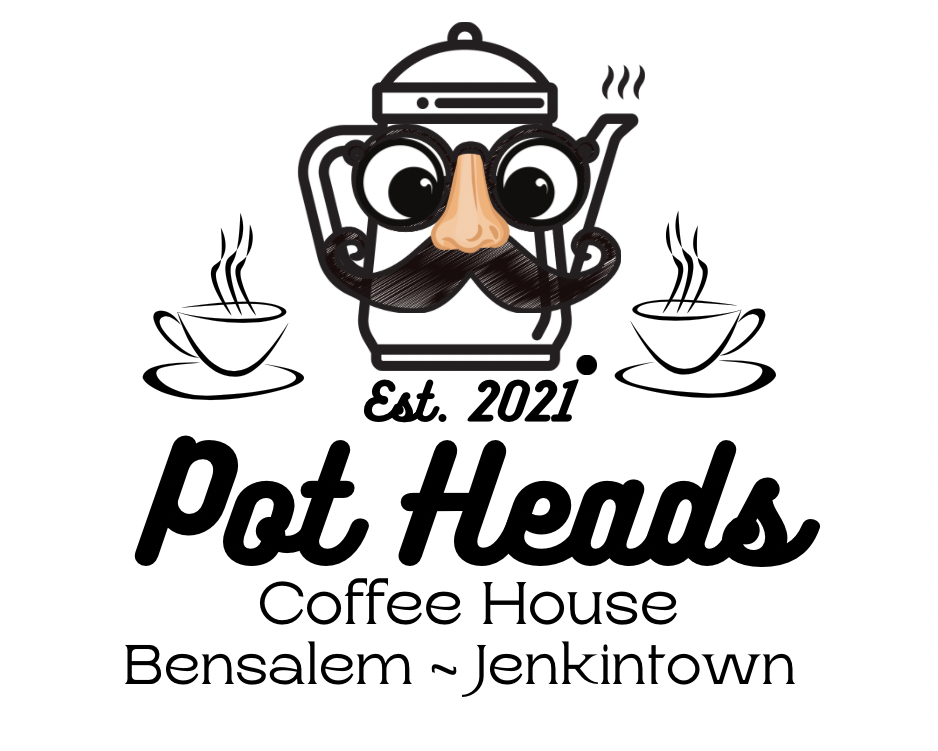 Logo with a teapot character with glasses and a mustache, steaming cups, and text for Pot Heads Coffee House in Bensalem-Jenkintown.