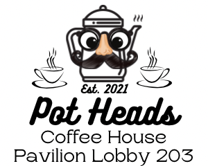 Logo with a teapot character with glasses, mustache, and pipe, surrounded by steam, with text about Pot Heads Coffee House.