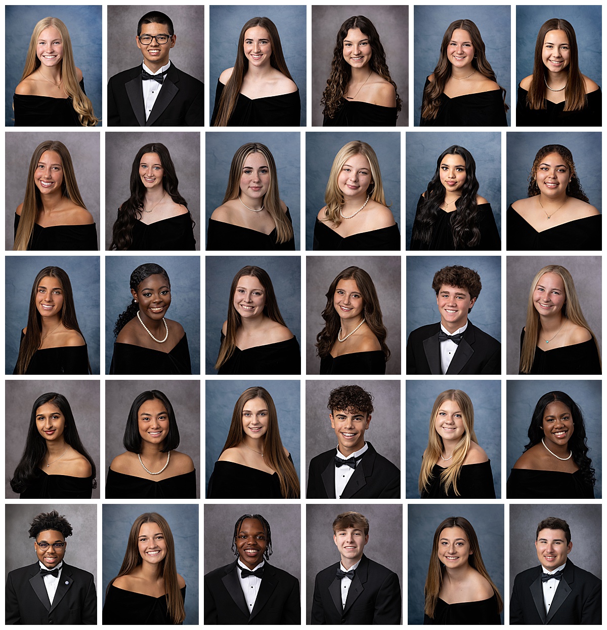 Group of young adults in formal attire, smiling, with a blue or gray background, arranged in four rows.
