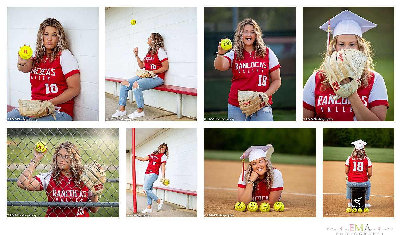 Girl in red sports jersey with yellow tennis ball, sitting, standing, and playing tennis outdoors, wearing a face mask, with a cap and backpack.