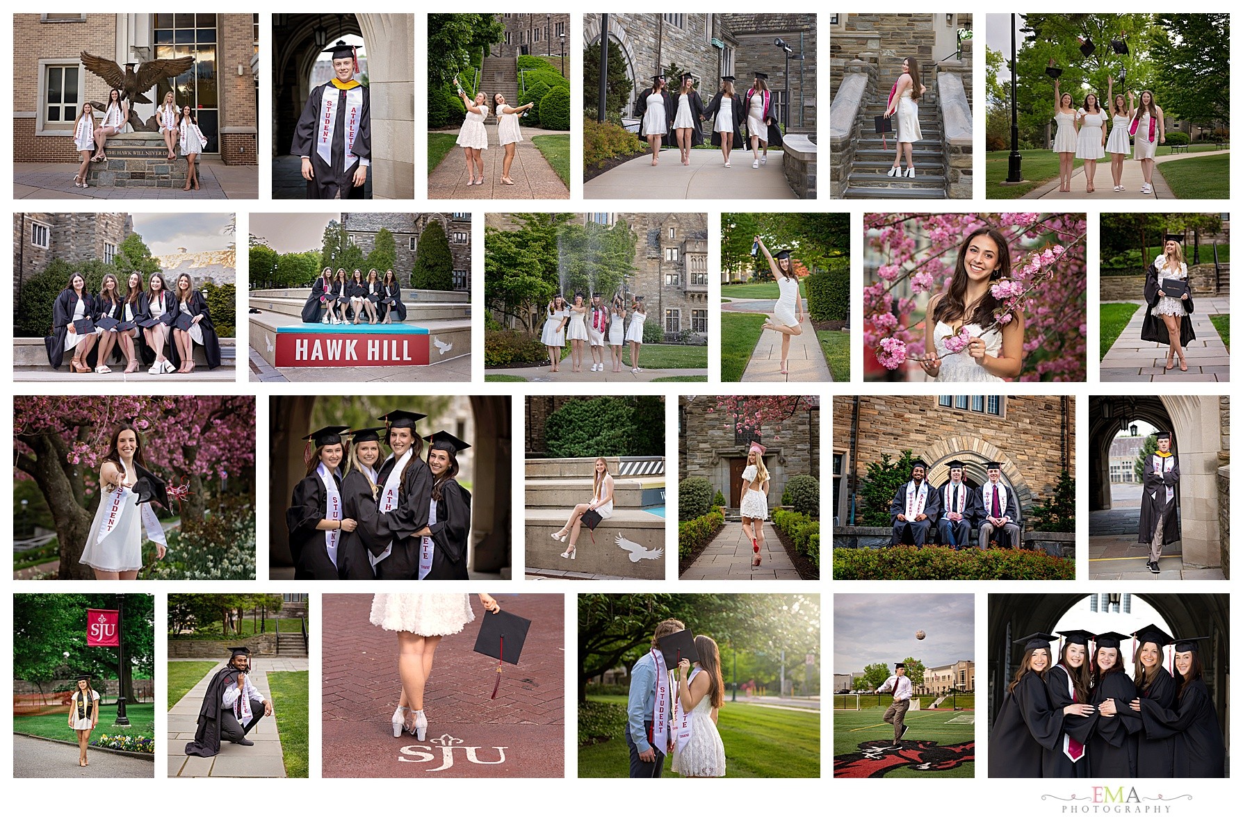 Collection of graduation photos with students in caps and gowns, outdoor settings, and group portraits.