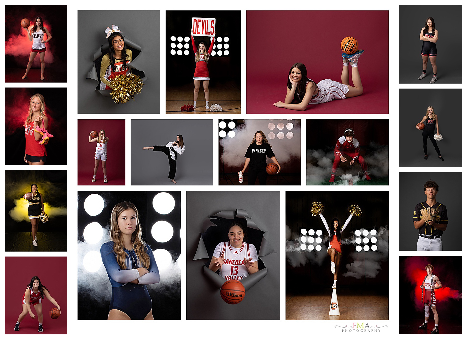Collage of female athletes and models, some holding sports equipment, posing with confident expressions, in various outfits and settings.