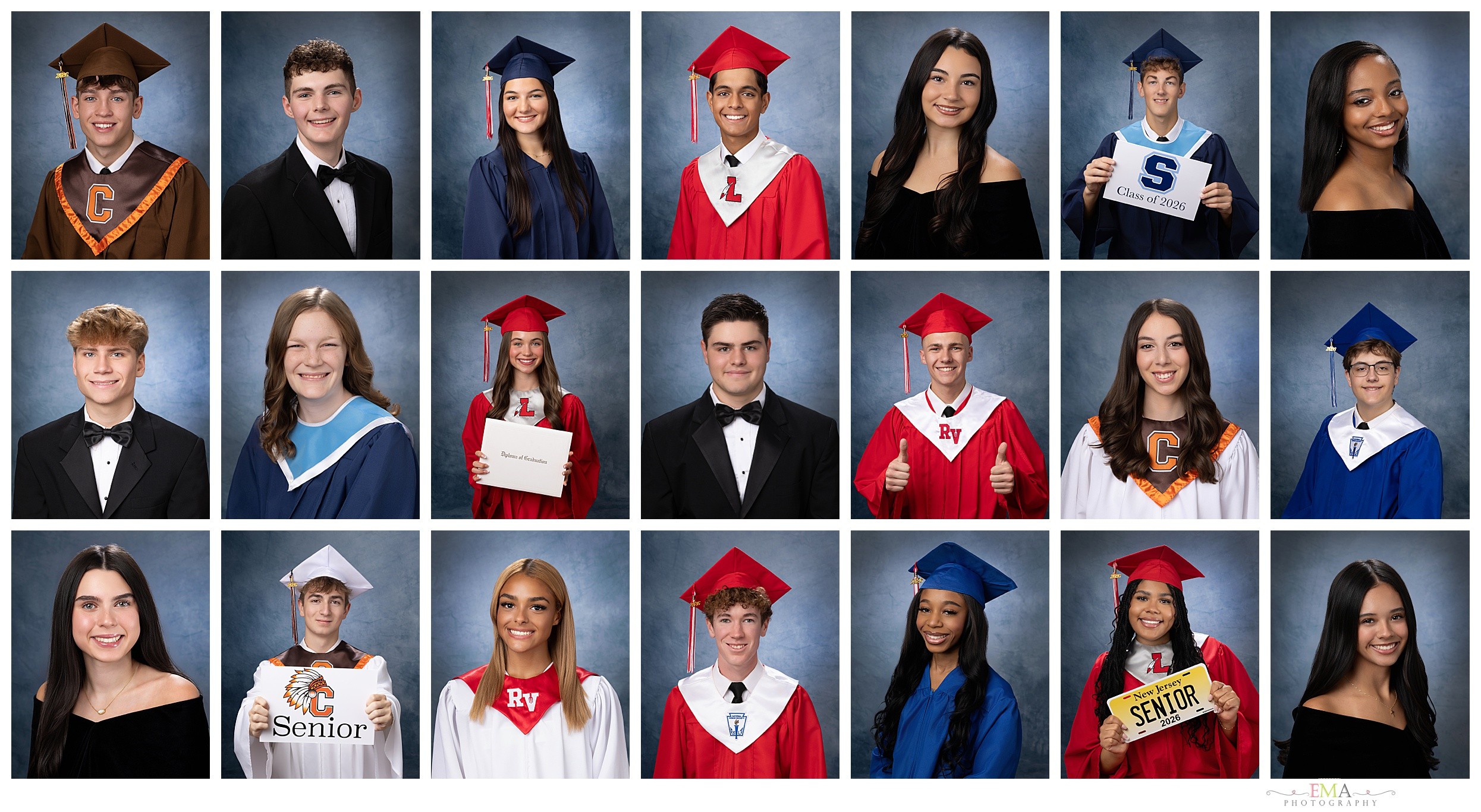 Group of graduation students in caps and gowns, smiling, holding diplomas and certificates, posing for a photo.