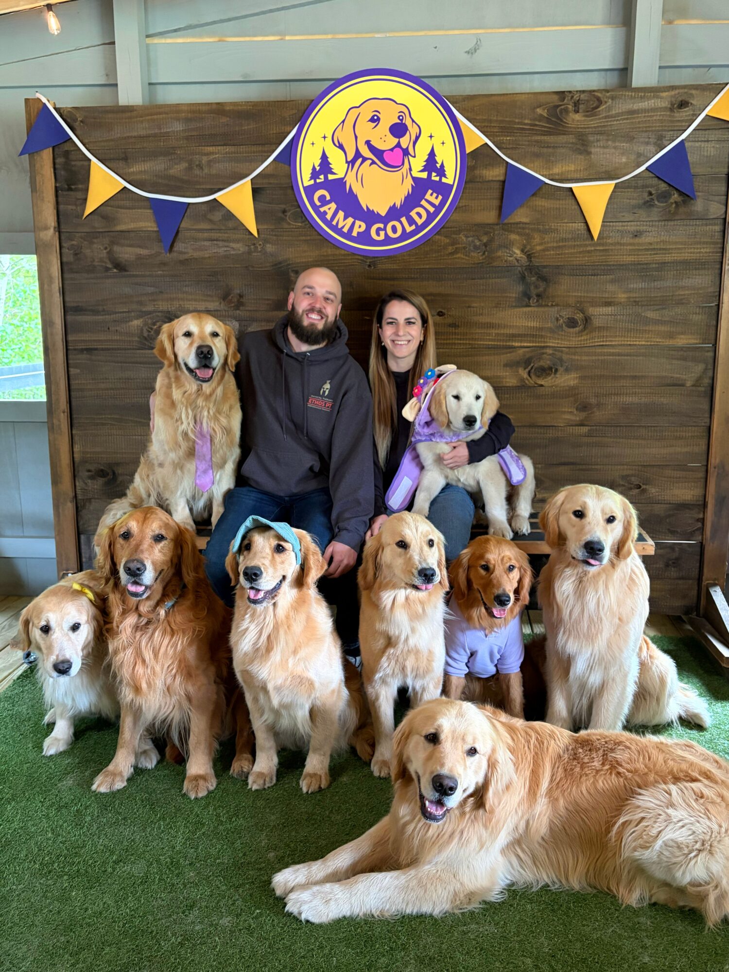 Two people with ten dogs in front of a wooden backdrop with a Camp Goldie sign and blue and yellow bunting.