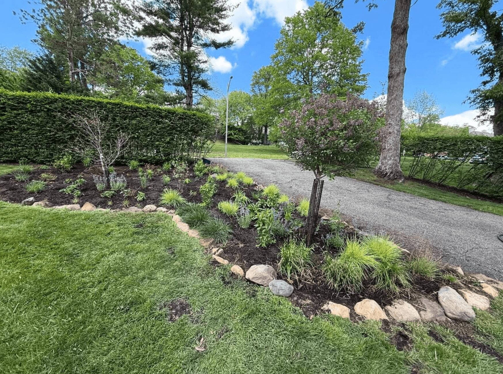Well-maintained garden with green grass, flowering bushes, and trees under a blue sky with clouds.
