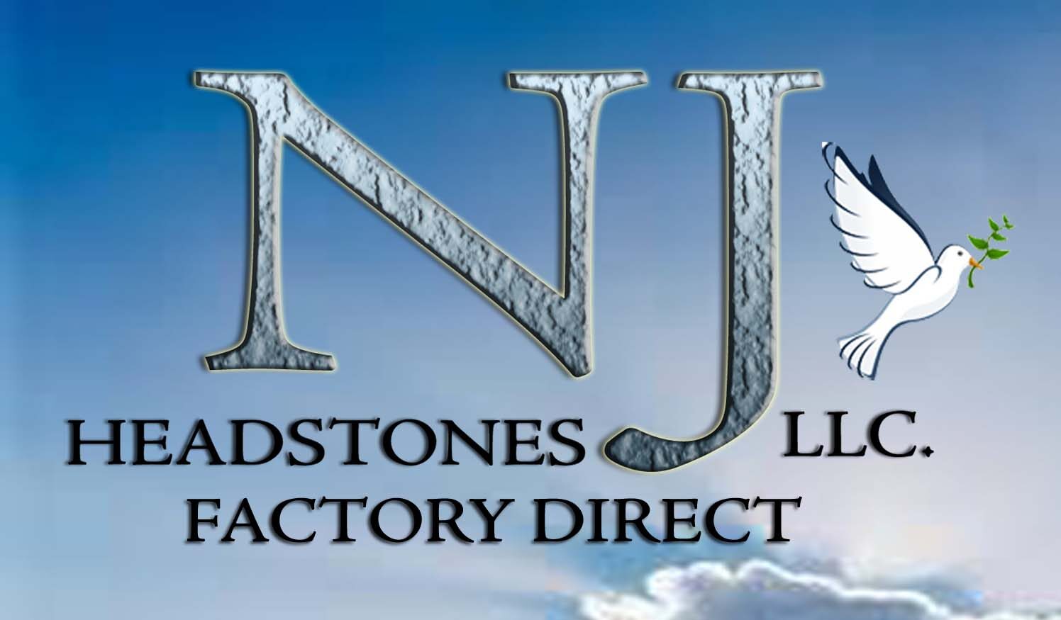 Logo with large metallic letters 'NJ', a dove holding an olive branch, and text for Headstones LLC Factory Direct.
