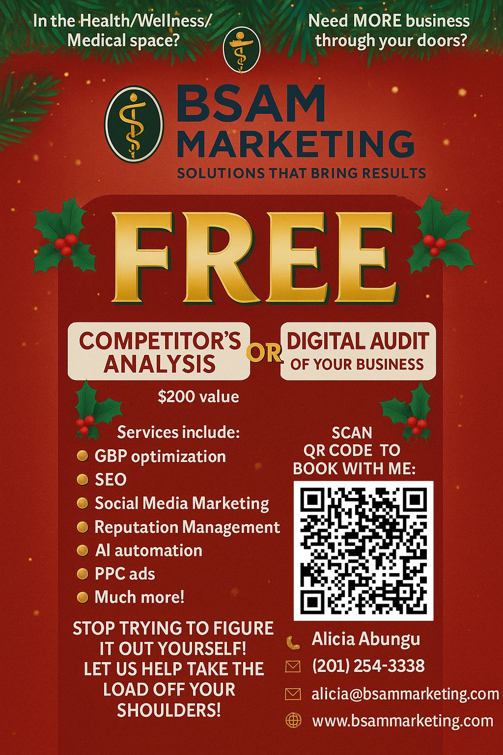 Advertisement for BSAM Marketing offering free competitor analysis and digital audit, with QR code and contact details.