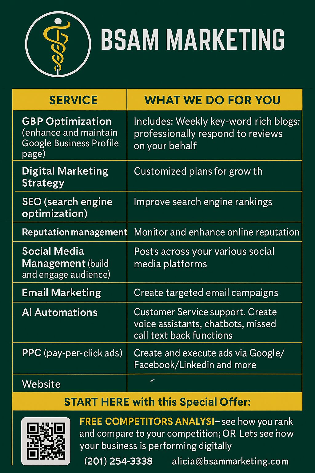 BSAM Marketing service list with categories like digital marketing, SEO, social media, email, and website, on a green background.