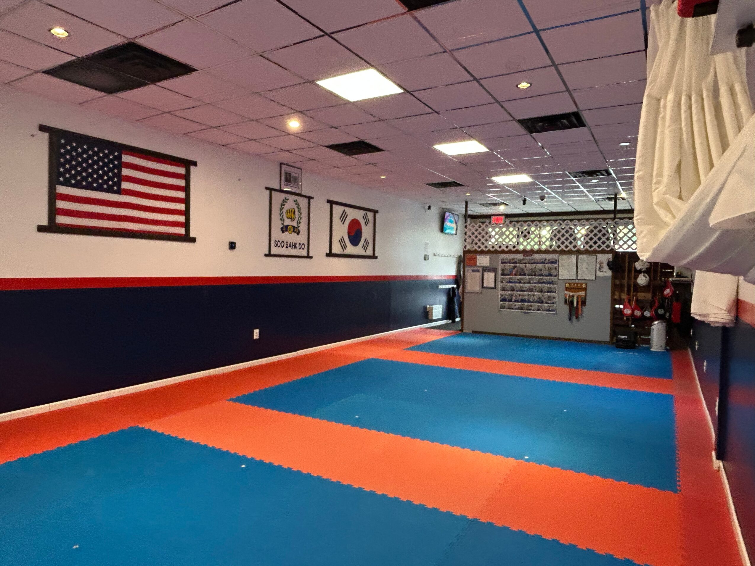 Martial arts training area with flags on the wall, padded floor, and a reception desk in the background.