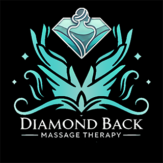 Logo with a diamond shape, a stylized woman, and open hands, with text 'Diamond Back Massage Therapy'.