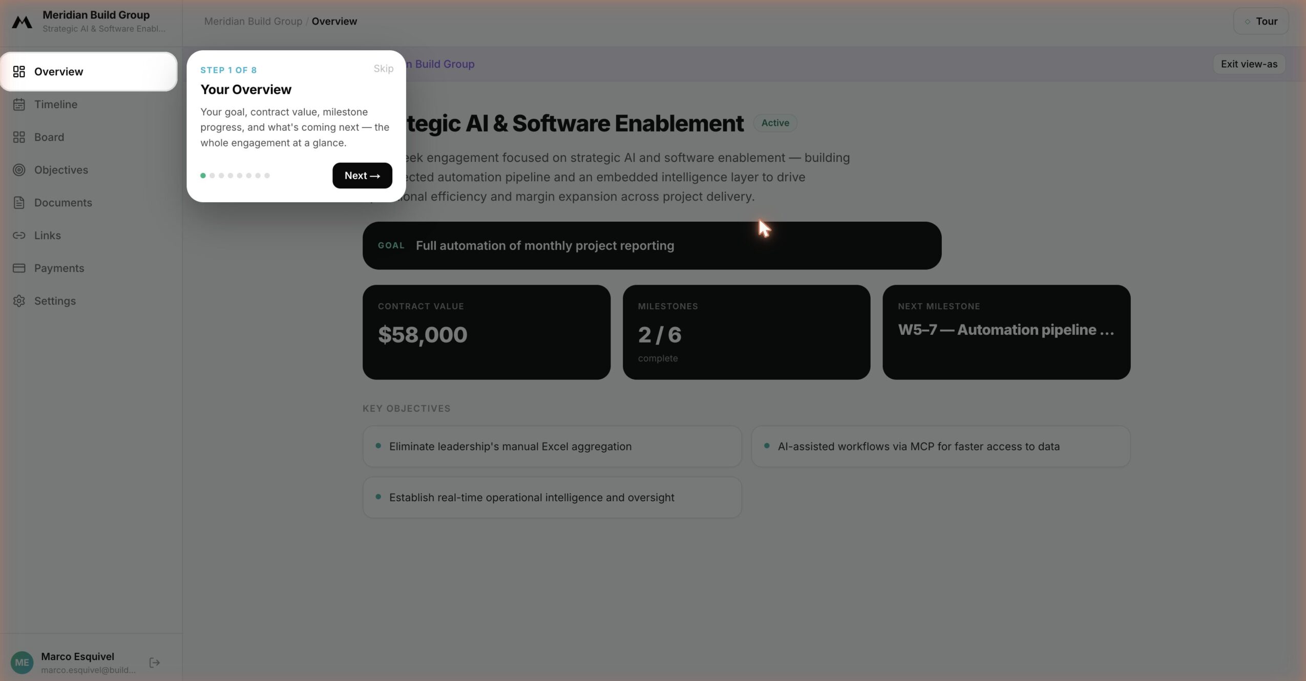Screenshot of a webpage showing a profile overview, with black boxes displaying financial and progress information.