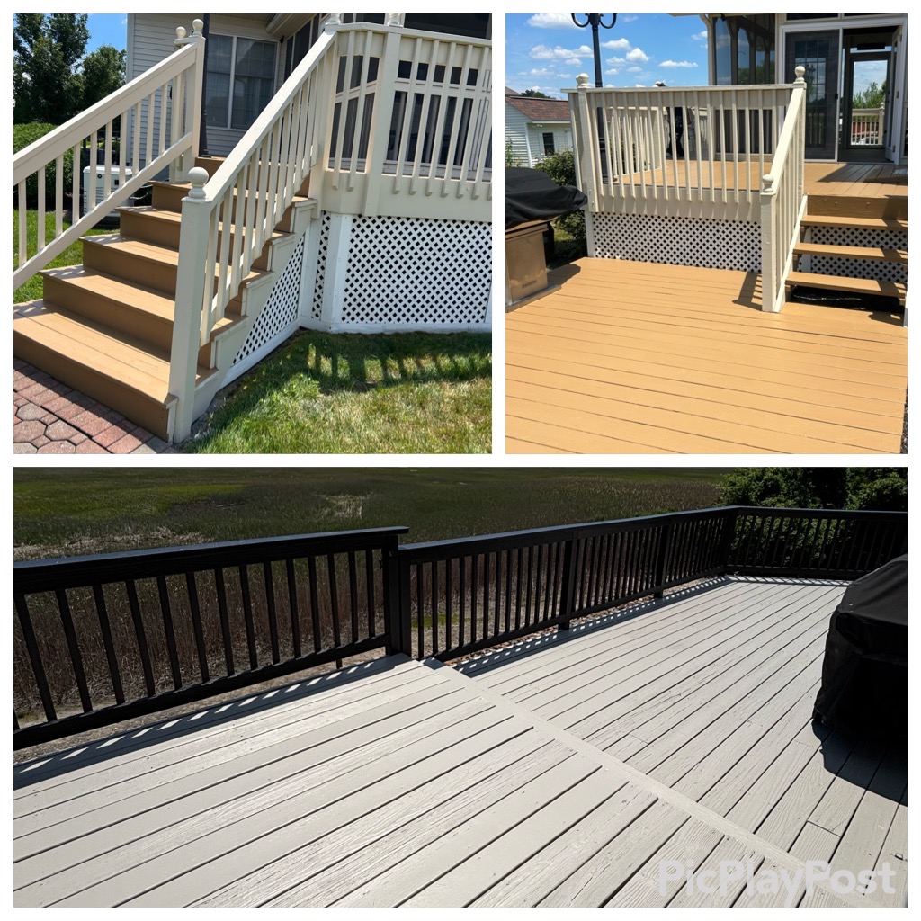 Three images of decks with railings, stairs, and flooring, in different colors and designs, outdoors with natural surroundings.