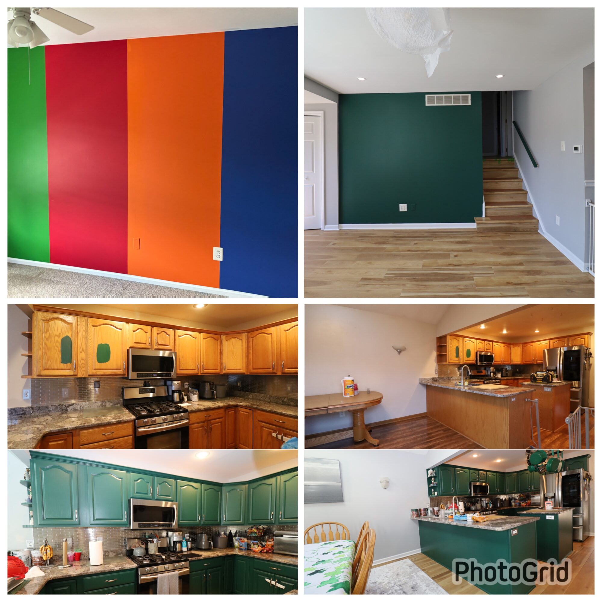 Colorful wall with vertical stripes, interior room with green wall and stairs, kitchen with wooden cabinets, kitchen with green cabinets, kitchen with green cabinets and dining area