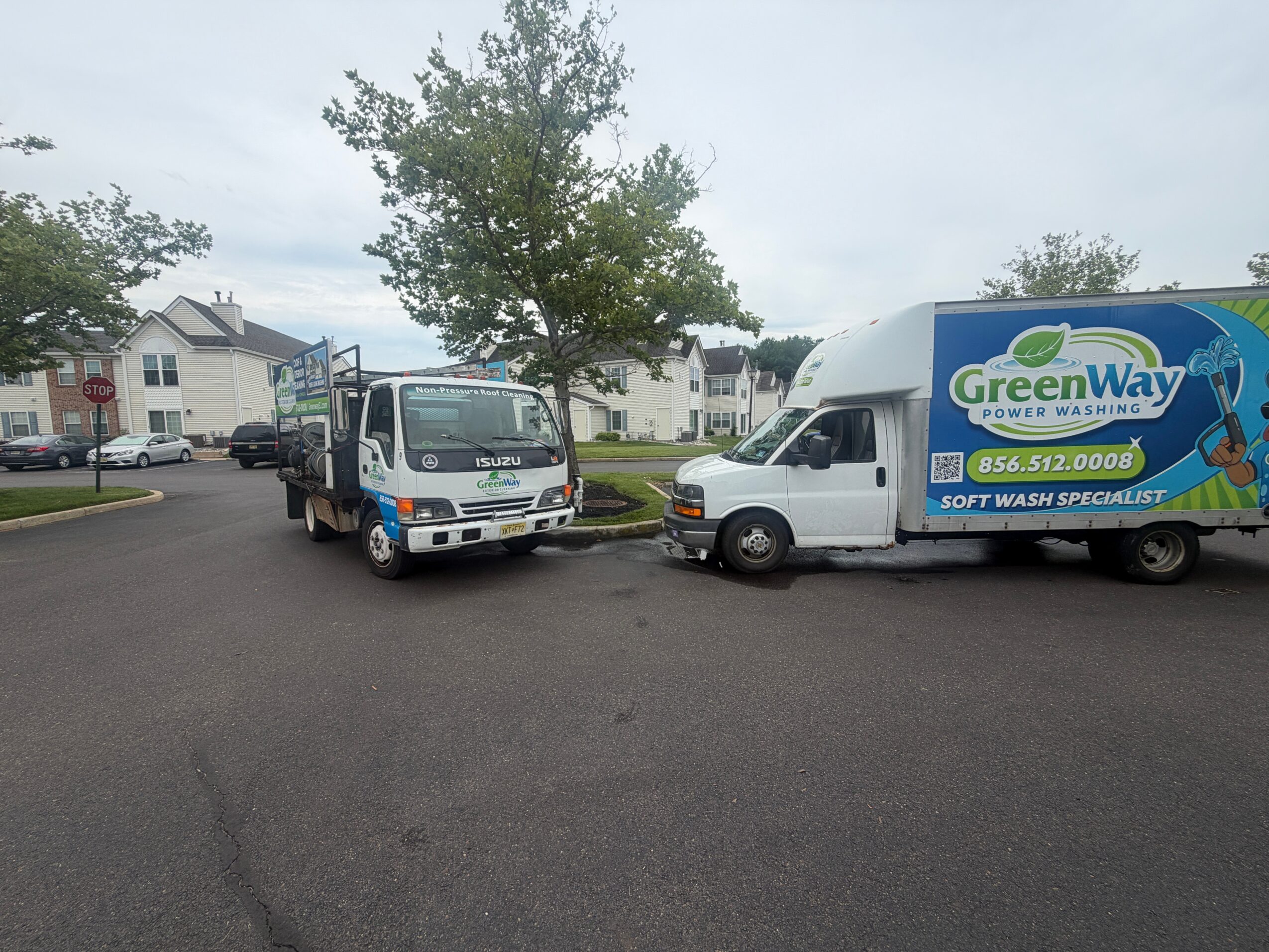 Two trucks parked facing each other in a parking lot with trees and buildings in the background.