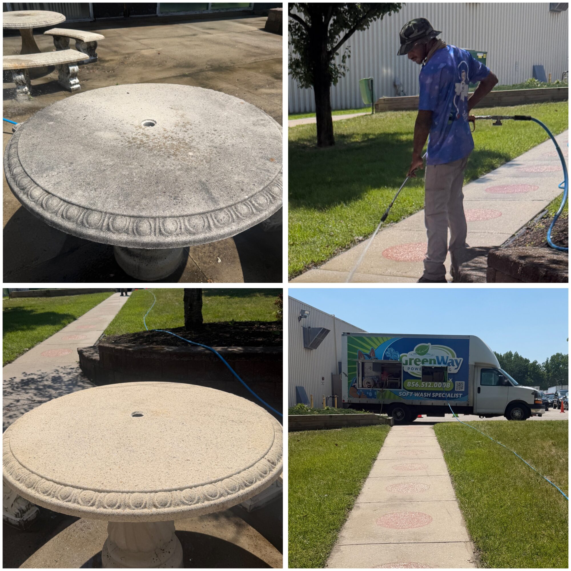 Two images of a concrete table, one before and one after cleaning; a person watering grass; a truck with a logo on a sidewalk.