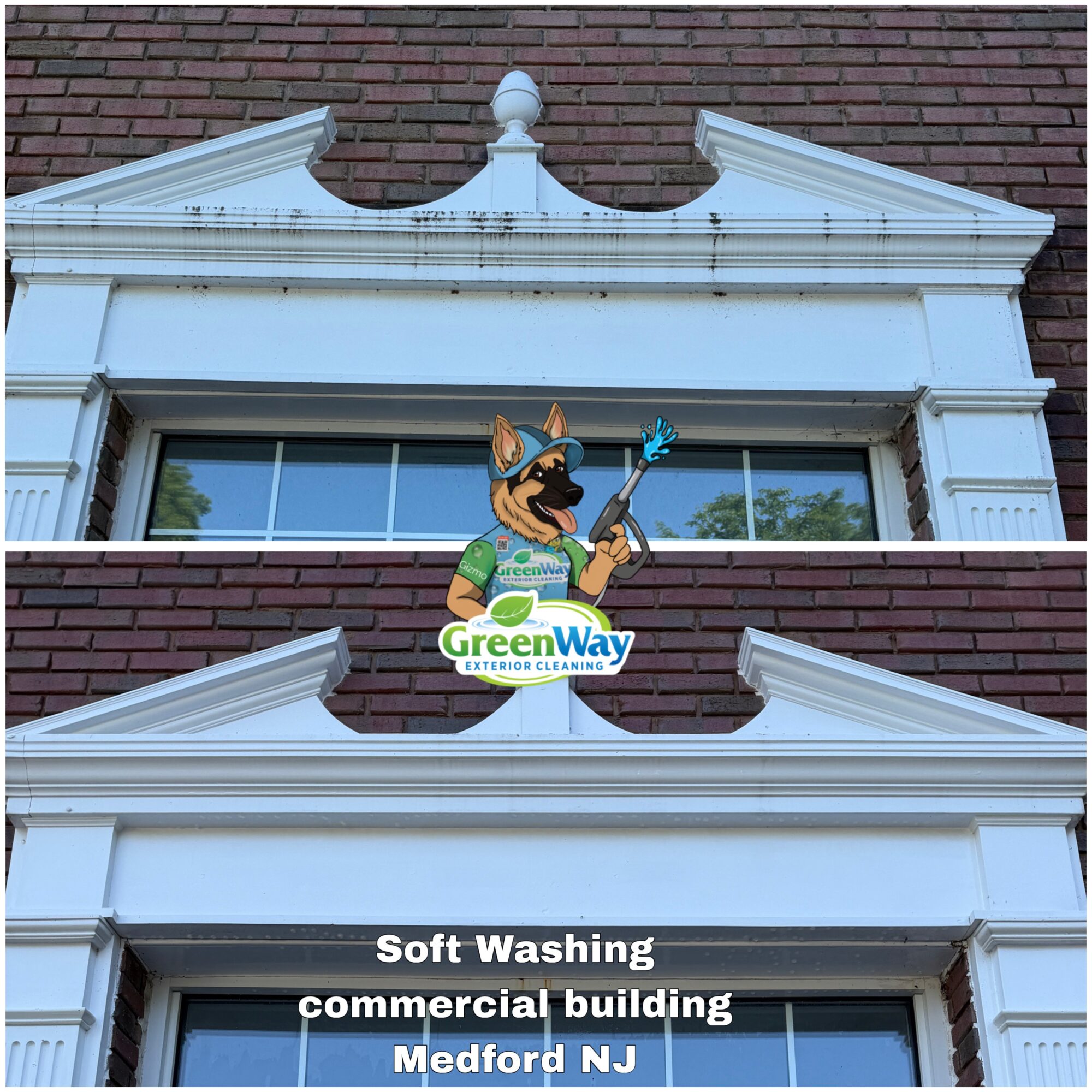 Decorative building facade with a cartoon character holding a cleaning tool, and a sign reading 'GreenWay' and 'Soft Washing'.