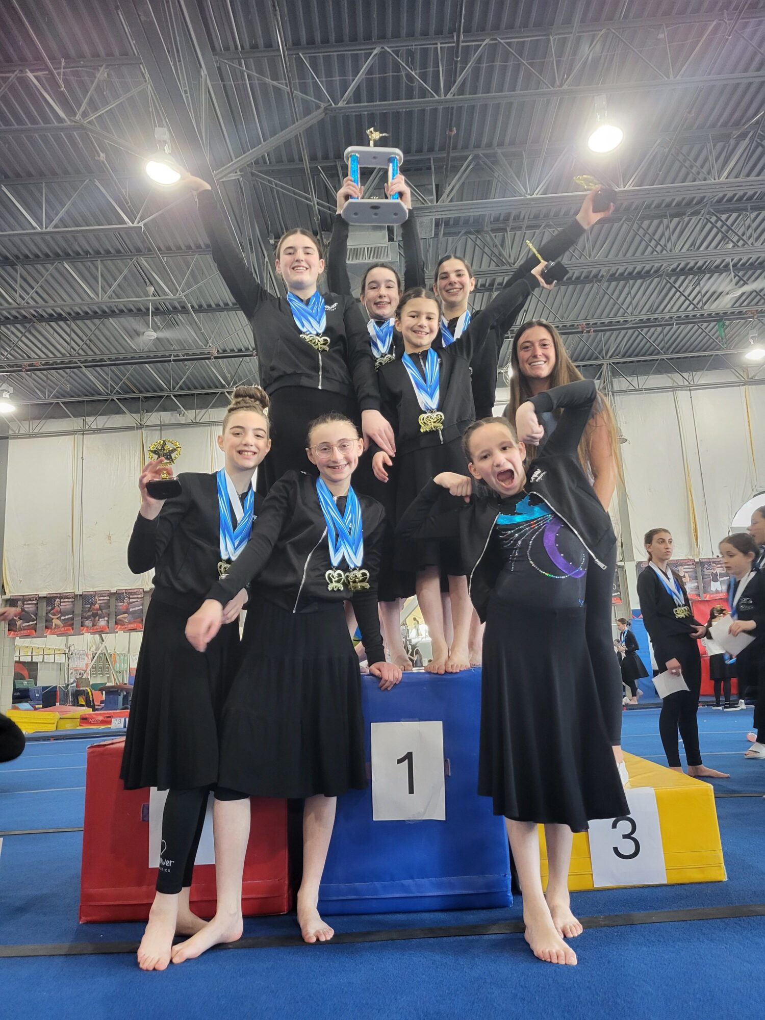 Group of young gymnasts in black leotards with medals, standing on a podium with numbered positions, celebrating after a competition.