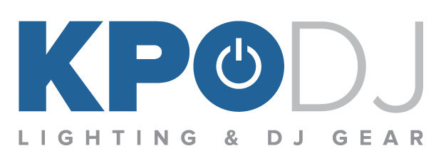 KPDJ logo with text 'Lighting & DJ Gear' below, featuring a power symbol in the letter O.