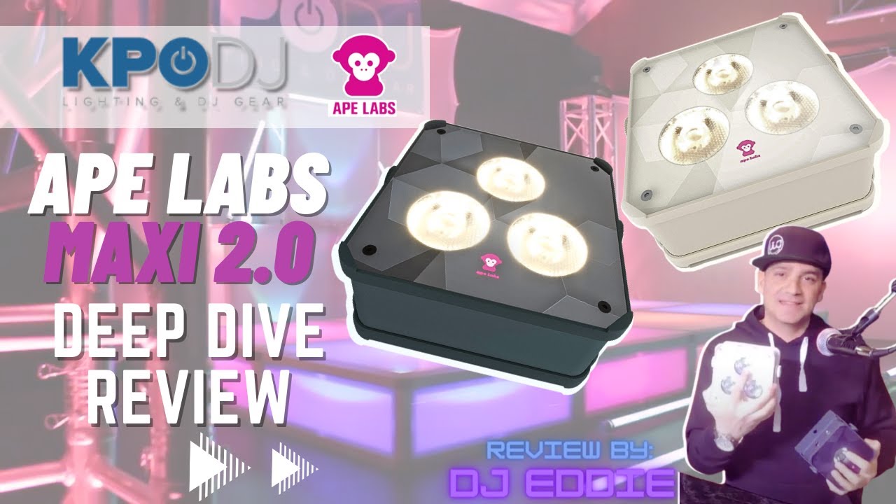 Product review of APE Labs MAXI 2.0 deep dive lighting equipment with a person holding a microphone, colorful stage background.