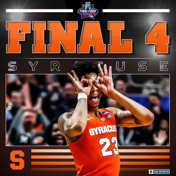 Celebrating female athlete in orange Syracuse jersey with hands near face, smiling, in front of cheering crowd.
