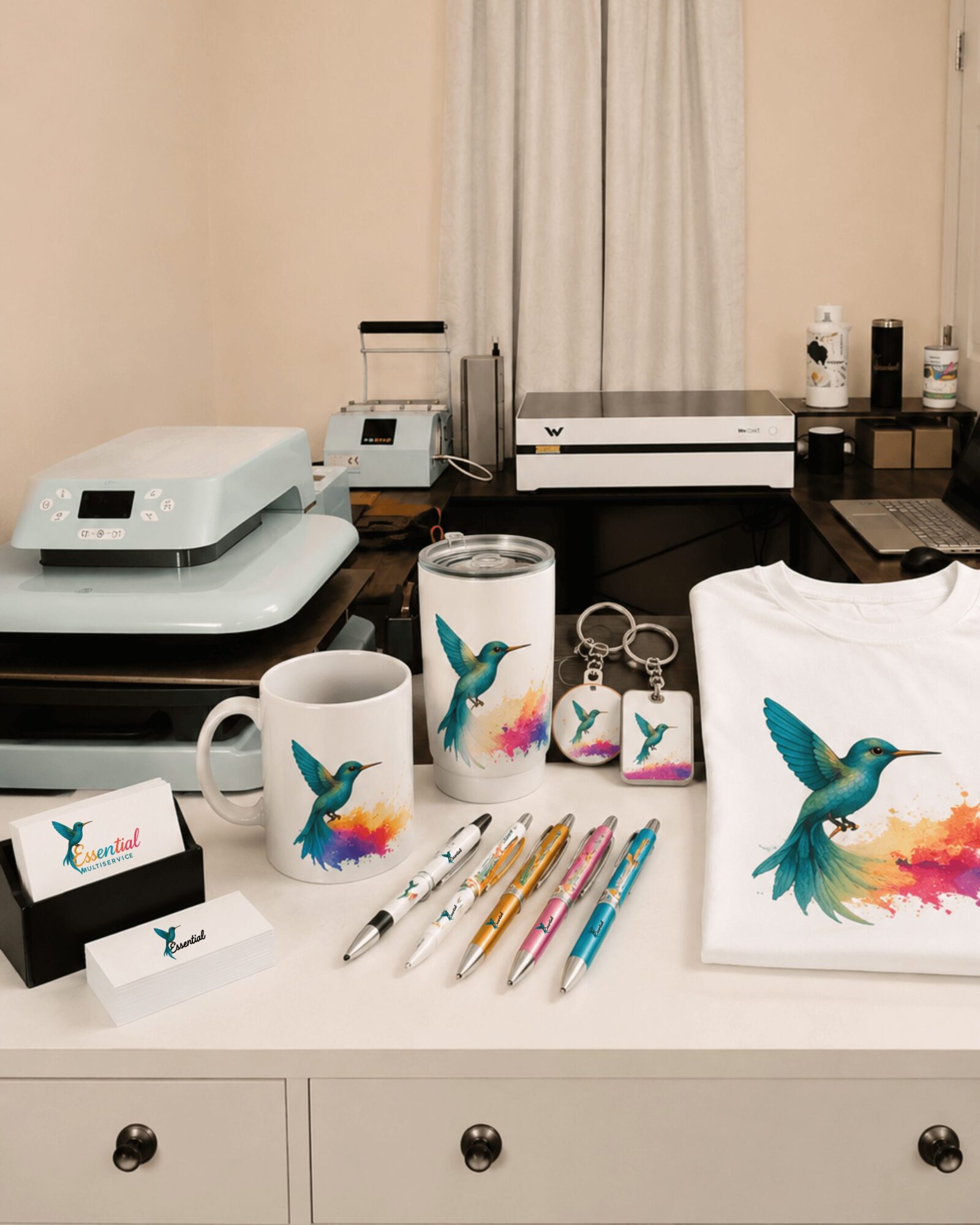 Desk with hummingbird-themed items, including mugs, keychains, a notebook, pens, and a printer, against a beige wall with a window.
