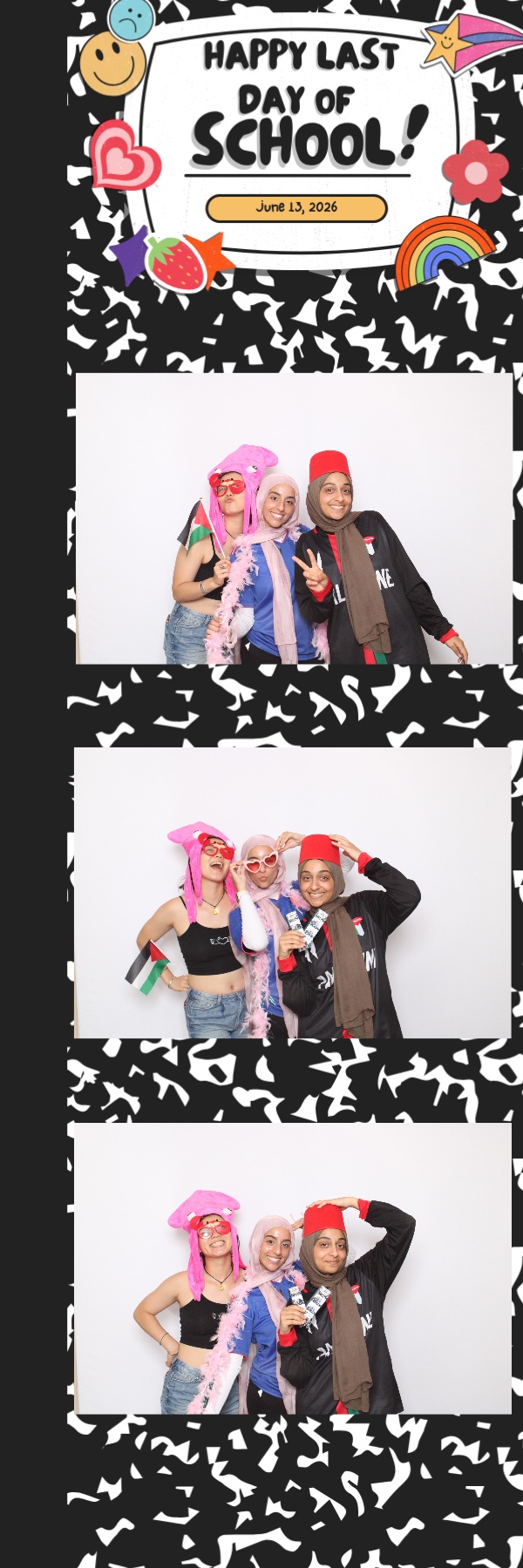 Four children in colorful outfits and hats, smiling and posing with props against a white background, celebrating the last day of school.