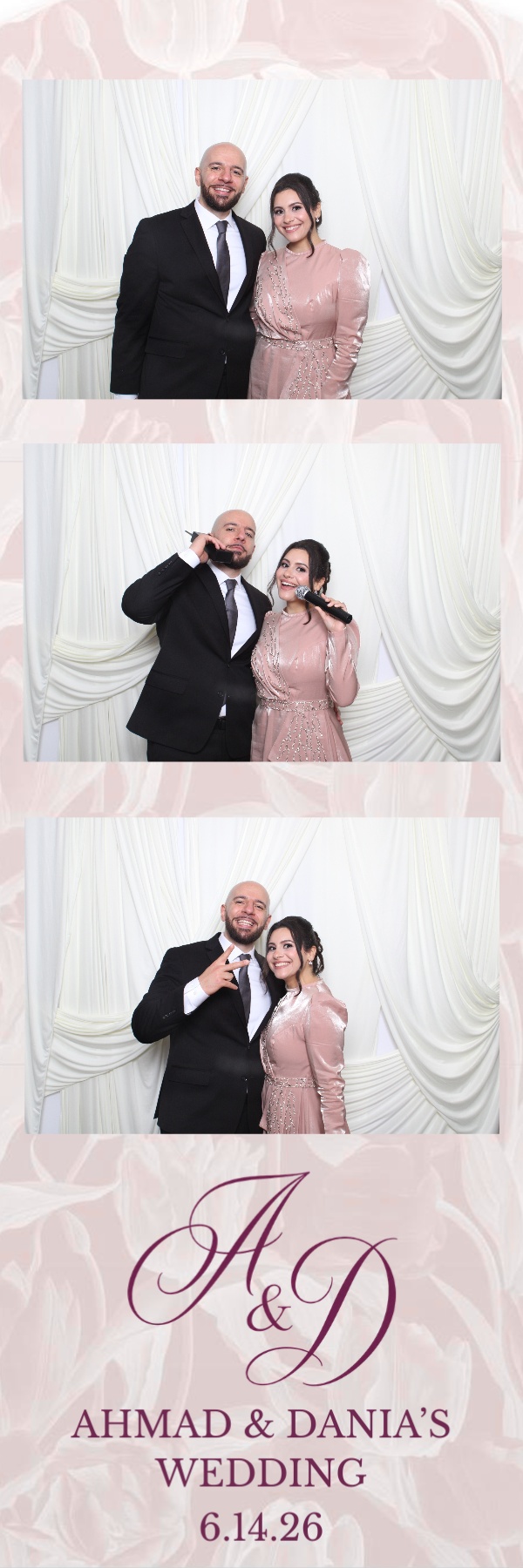 Two people in formal attire standing in front of a white curtain, smiling, with a wedding logo and date below.