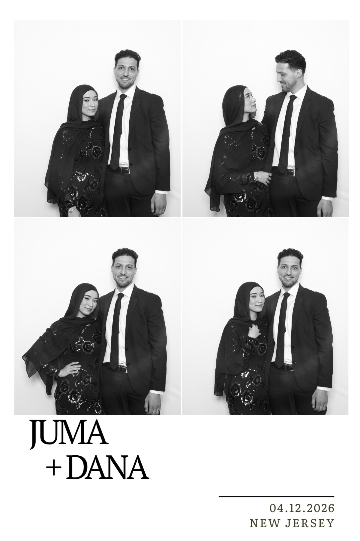 Four black-and-white photos of a man and woman, with text 'JUMA + DANA' and date '04.12.2026', and a website URL.