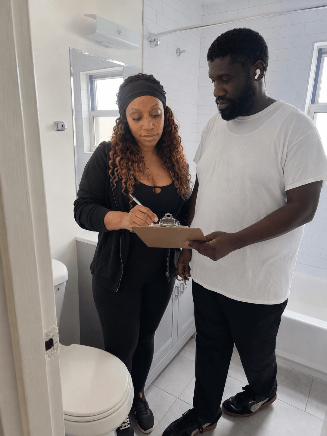 Two people standing in a bathroom, looking at a clipboard together, with a toilet and window in the background.