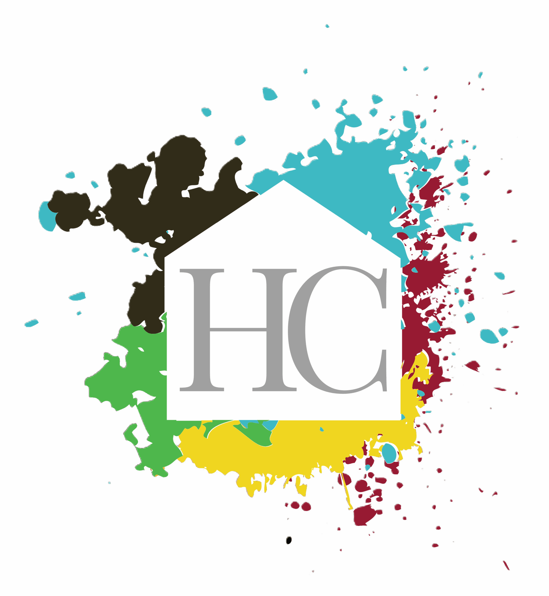 Logo with a house shape and the letters 'HC' inside, surrounded by colorful paint splashes on a black background.
