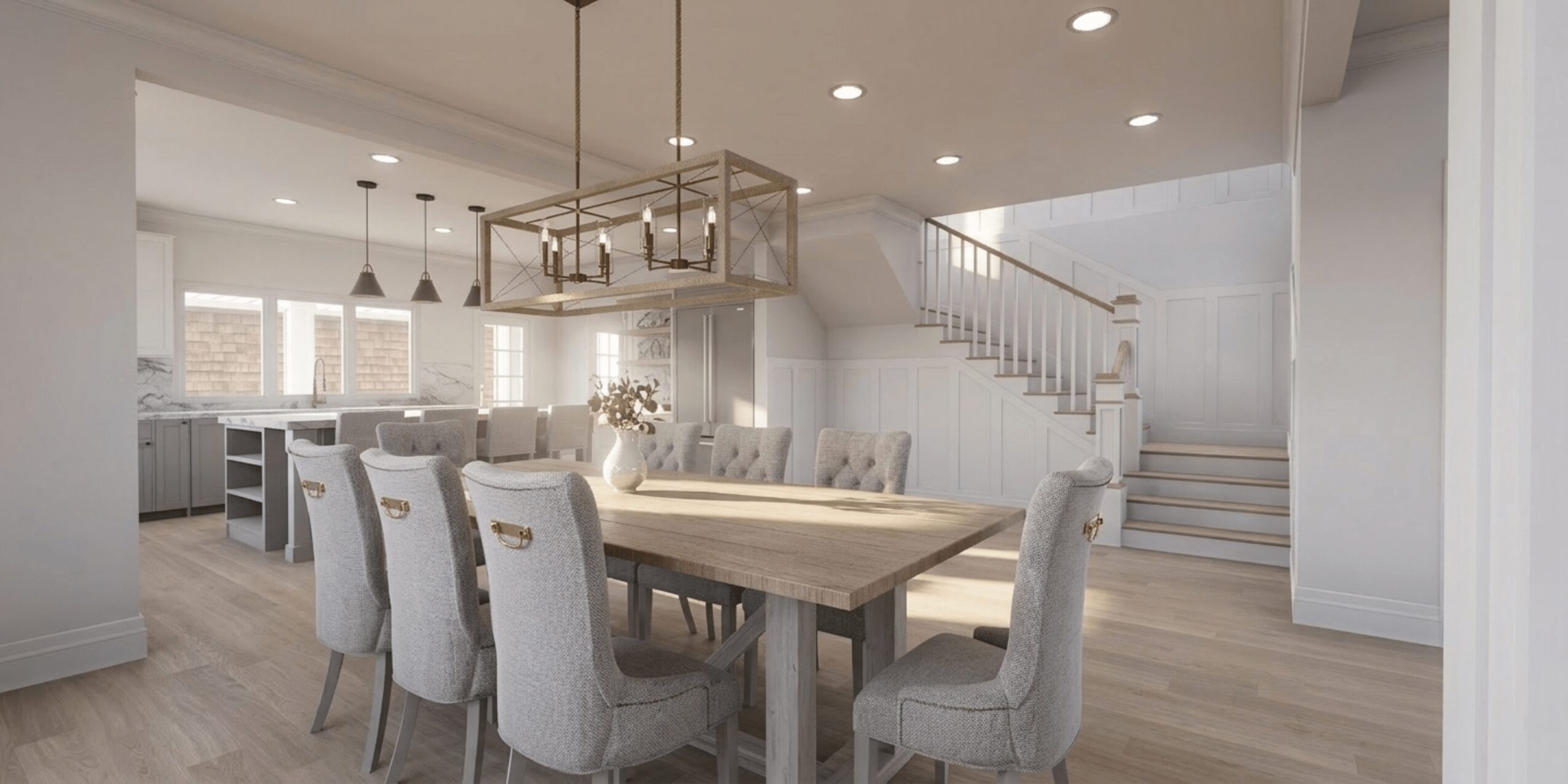 Dining area with a large table, white chairs, and a staircase in the background, bright and modern interior.