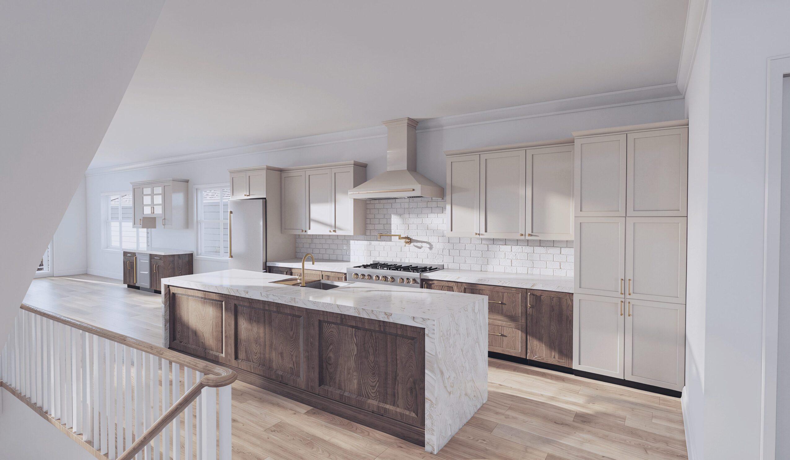 Modern kitchen with white cabinets, a large island, and stainless steel appliances, bright and spacious with natural light.