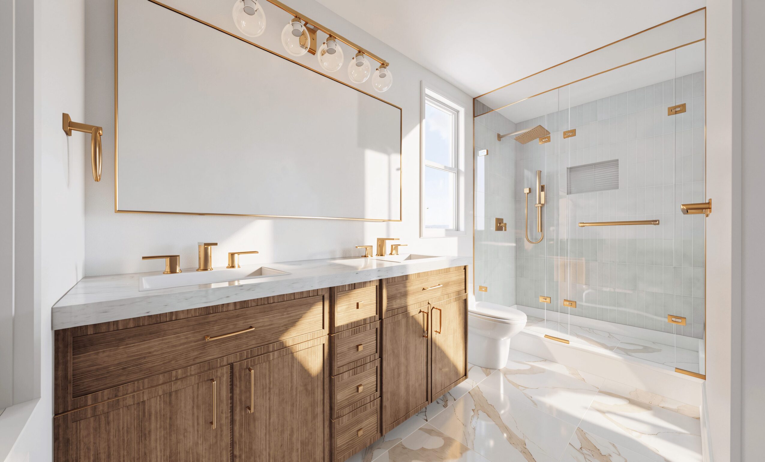 Bathroom with wooden vanity, marble countertop, large mirror, and a glass-enclosed shower with gold fixtures.