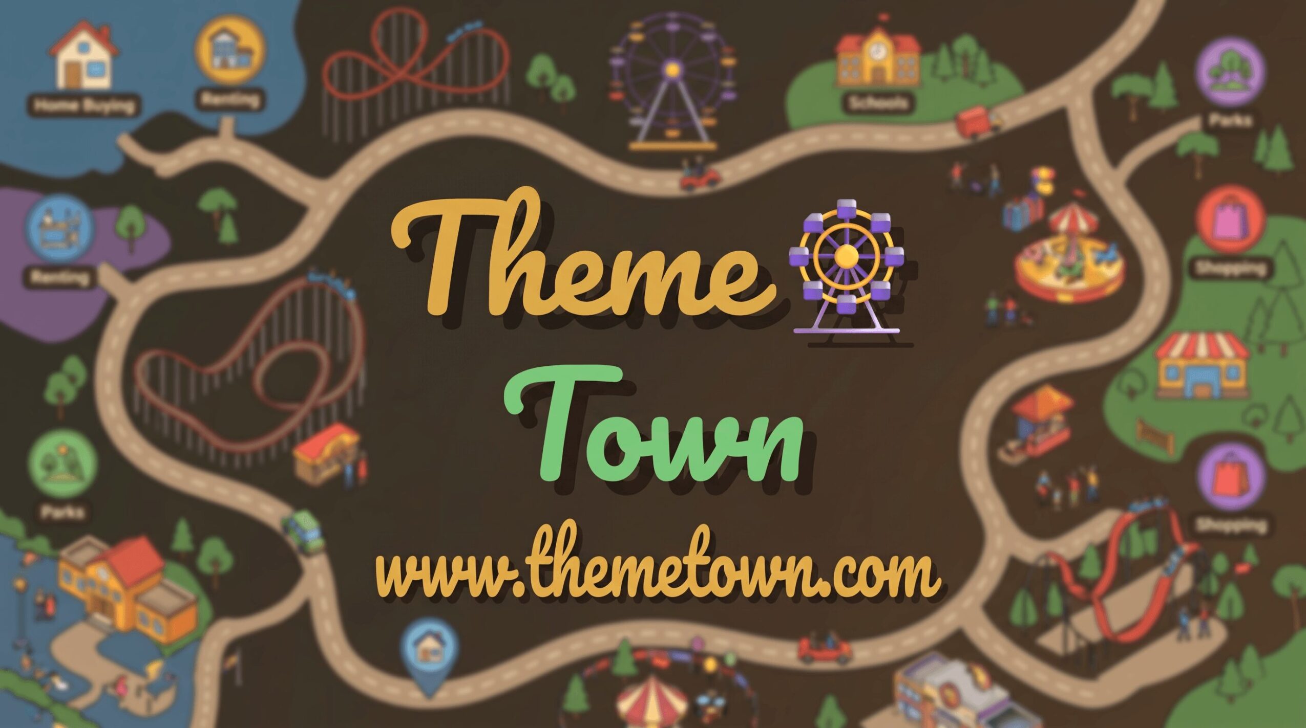 Colorful amusement park map with rides, games, and attractions, with text promoting Theme Town and website www.themetown.com.