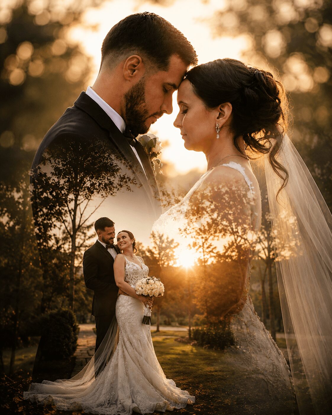 A couple on their wedding day, with a sunset background and trees, sharing an intimate moment. A smaller image of them in wedding attire is overlaid.